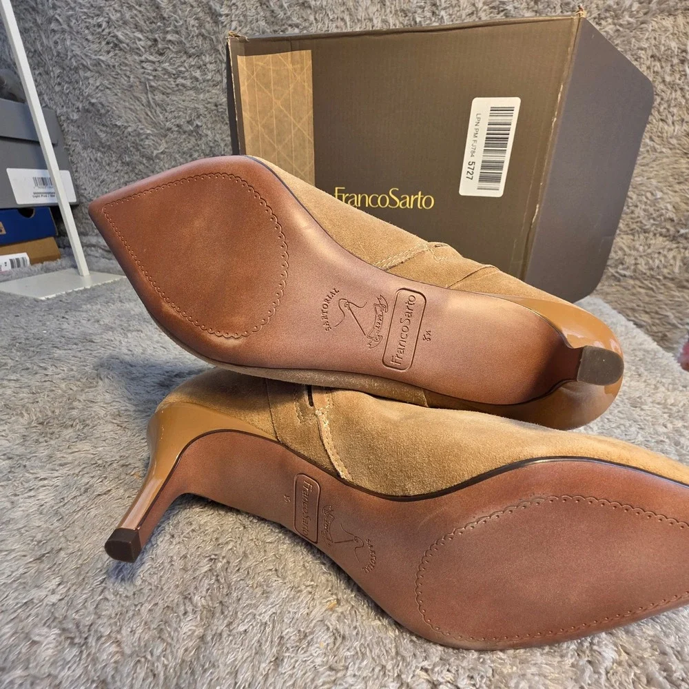 Franco Sarto Buttery Suede Ankle Boots Camel Tan Pointed Toe Dressy Womens 8.5 M